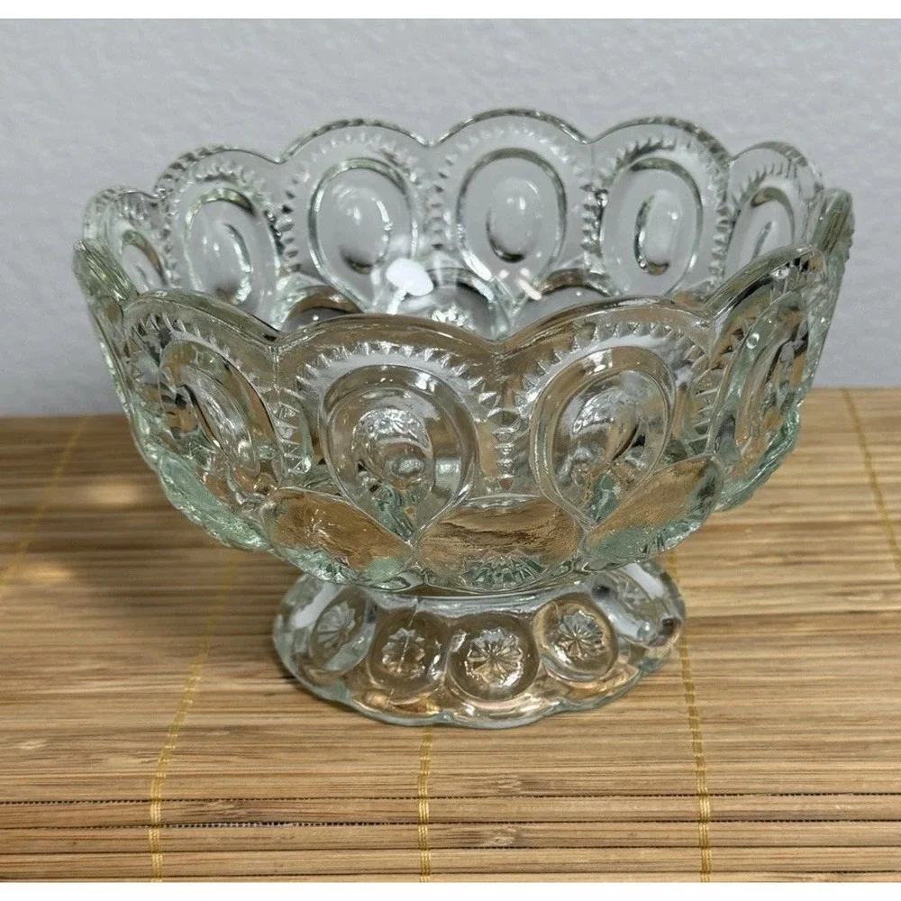 Vintage LE Smith Moon, And Stars clear Glass Pedestal compote Bowl, Candy Dish